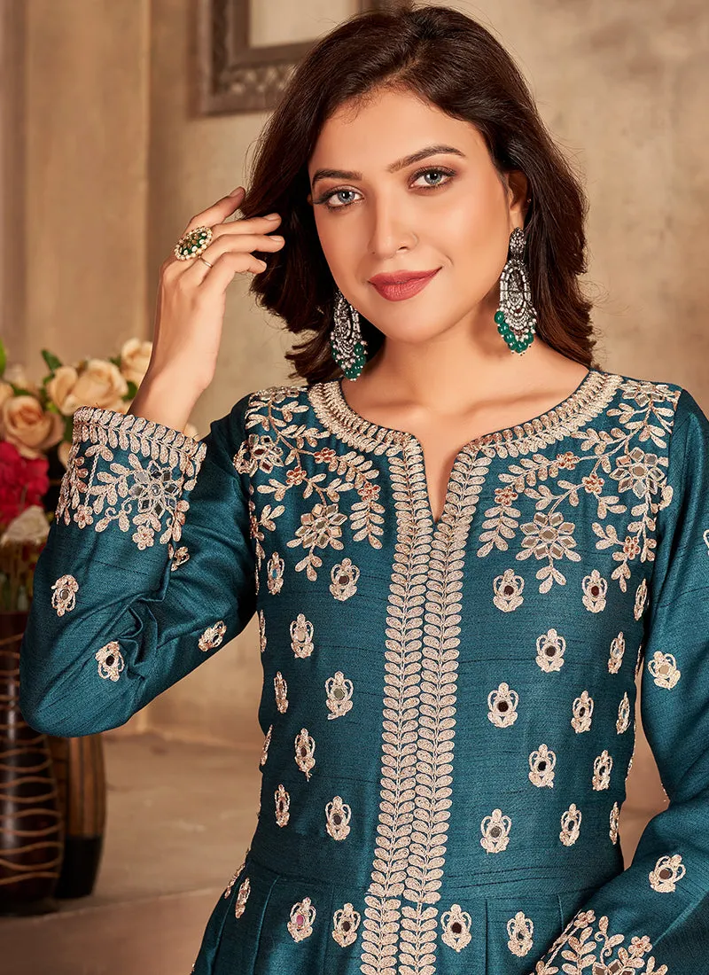 Turquoise Embroidery Slit Style Anarkali Pant Suit