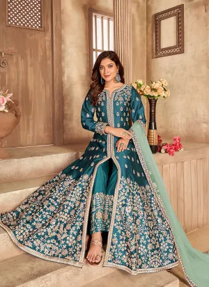 Turquoise Embroidery Slit Style Anarkali Pant Suit