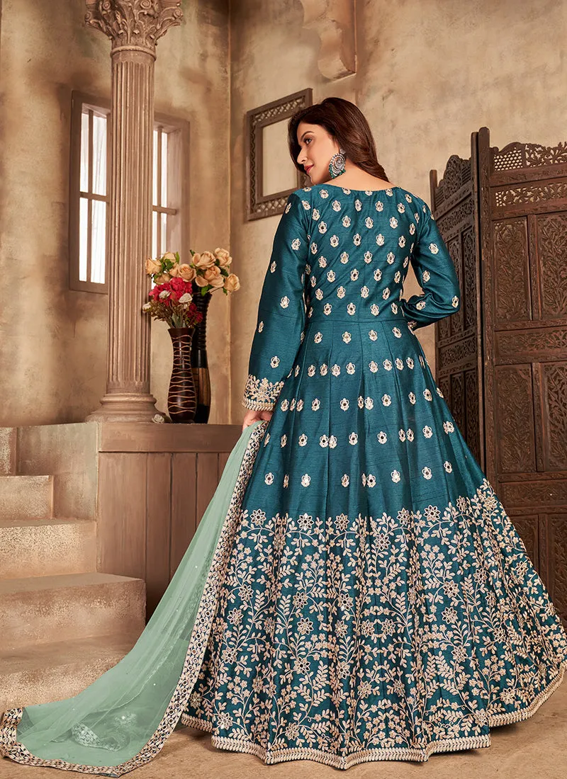 Turquoise Embroidery Slit Style Anarkali Pant Suit