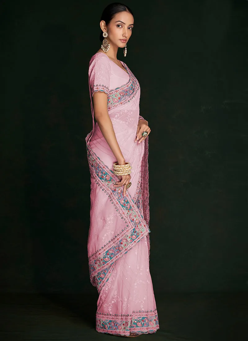 Turquoise Multi Embroidery Lucknowi Saree