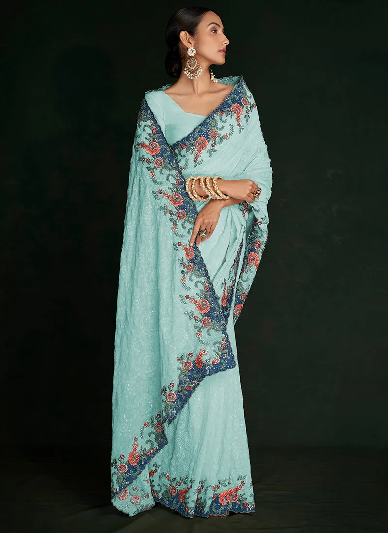 Turquoise Multi Embroidery Lucknowi Saree