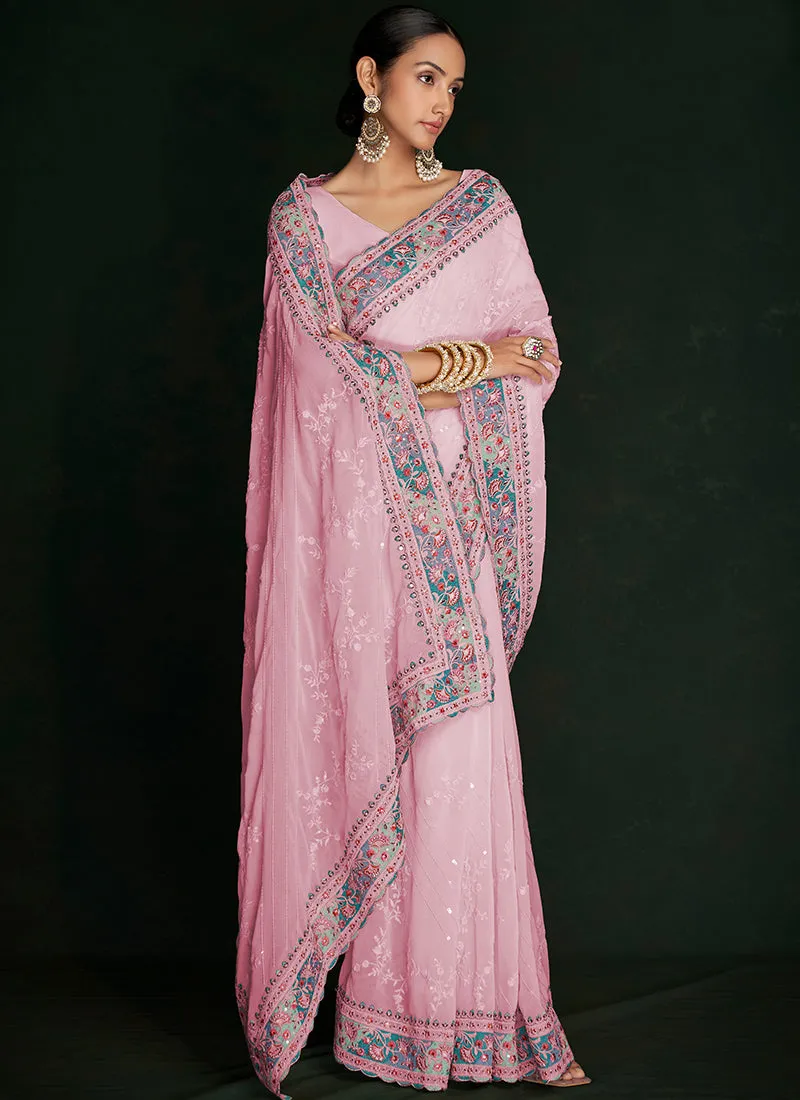 Turquoise Multi Embroidery Lucknowi Saree