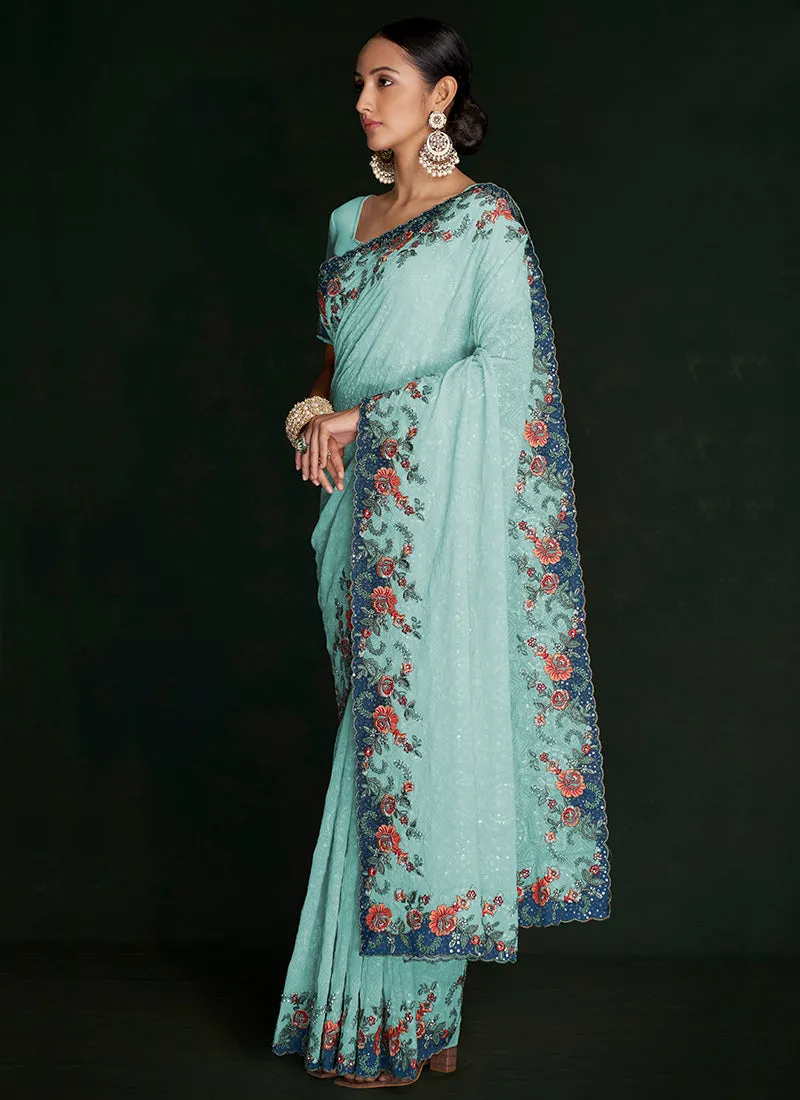 Turquoise Multi Embroidery Lucknowi Saree