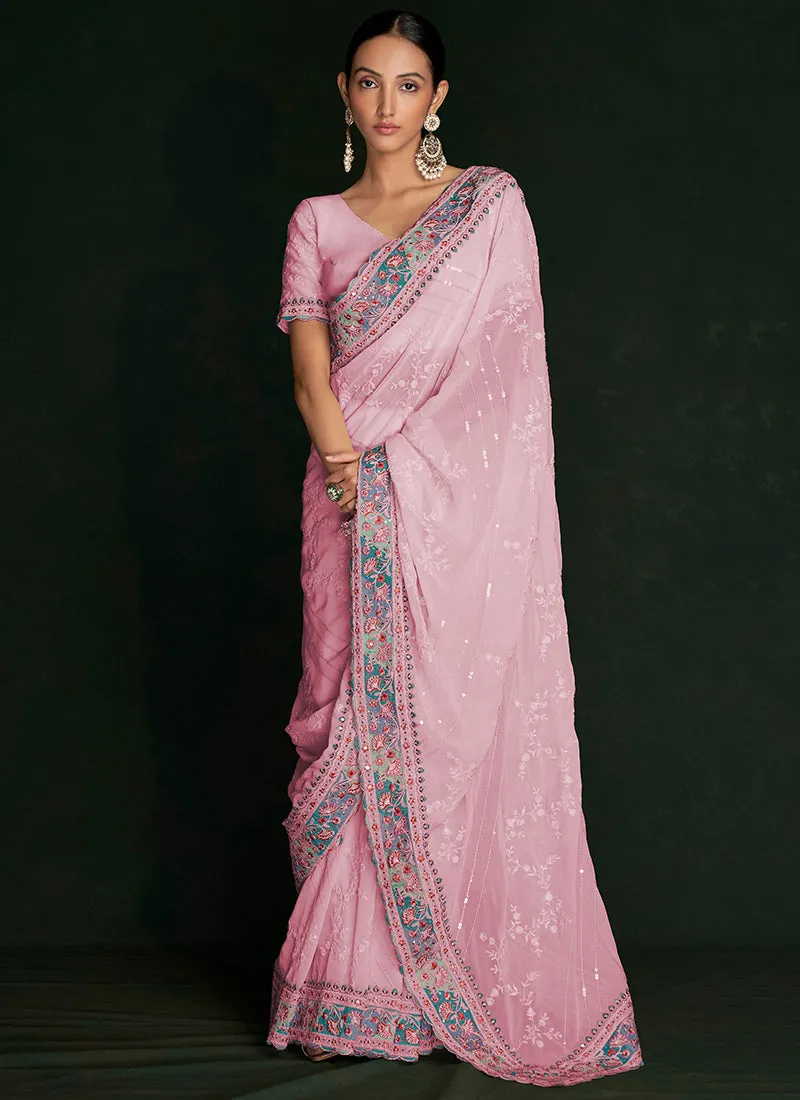Turquoise Multi Embroidery Lucknowi Saree