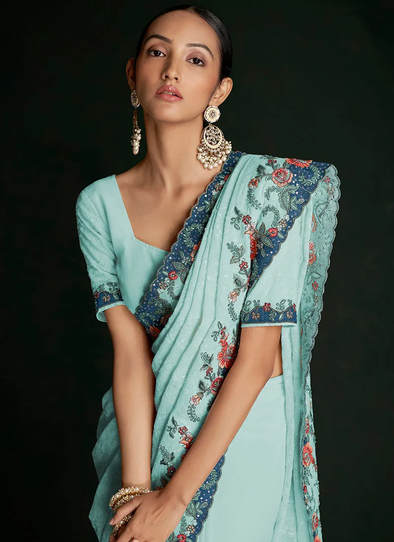 Turquoise Multi Embroidery Lucknowi Saree