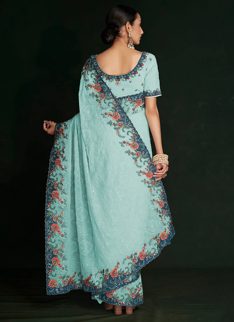 Turquoise Multi Embroidery Lucknowi Saree
