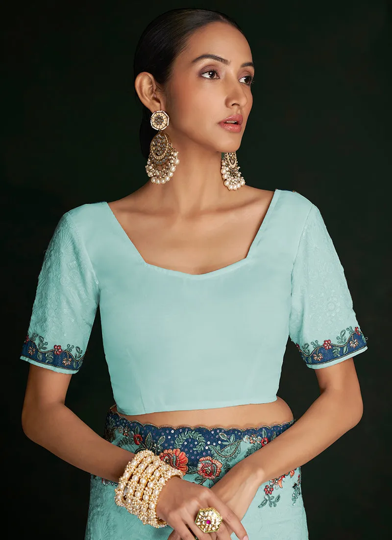 Turquoise Multi Embroidery Lucknowi Saree