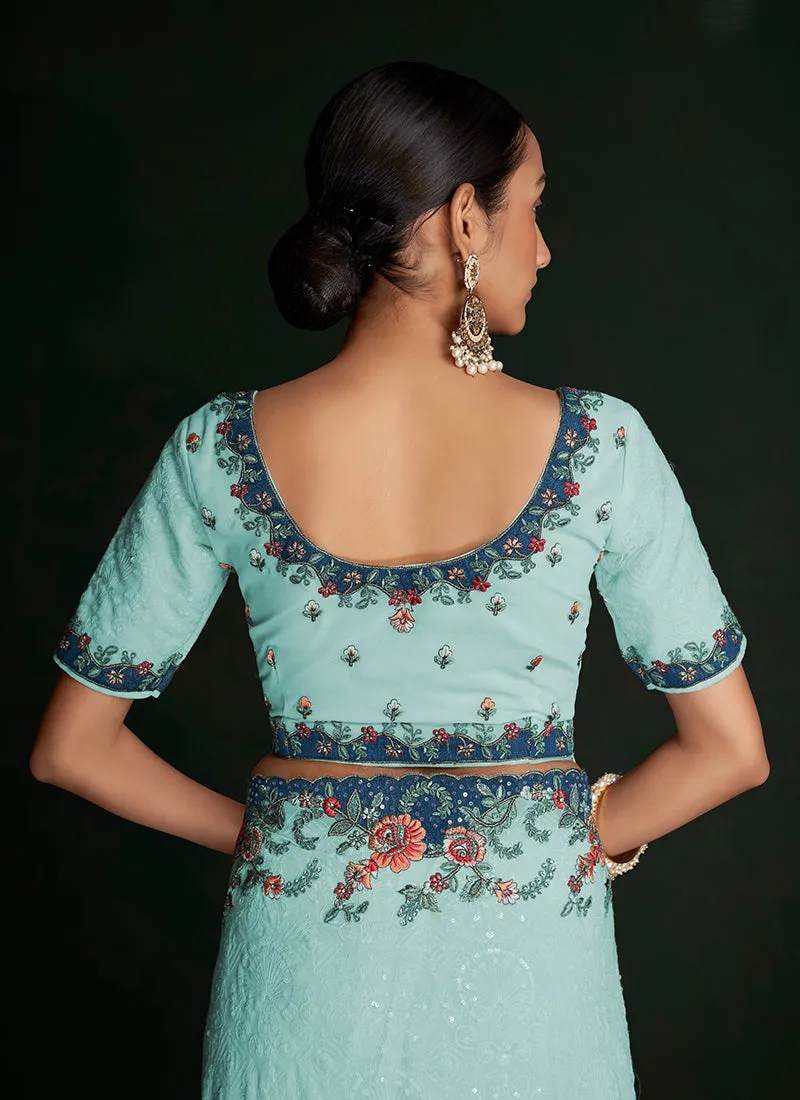 Turquoise Multi Embroidery Lucknowi Saree
