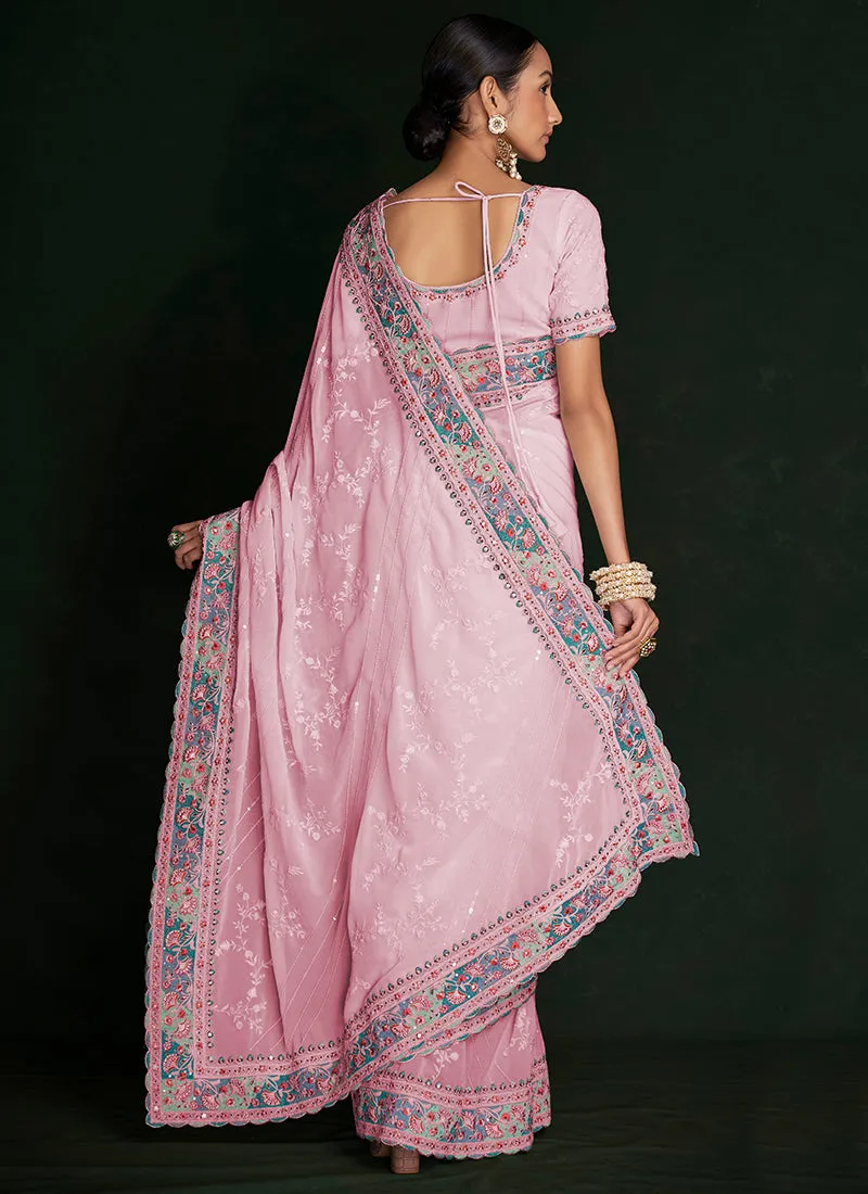 Turquoise Multi Embroidery Lucknowi Saree