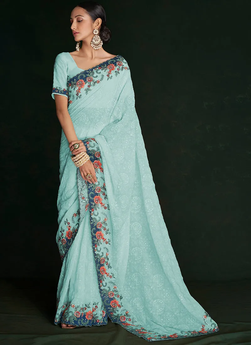 Turquoise Multi Embroidery Lucknowi Saree
