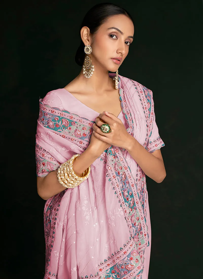 Turquoise Multi Embroidery Lucknowi Saree
