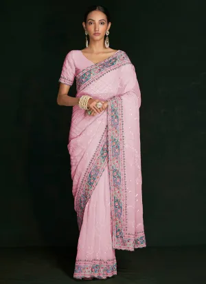 Turquoise Multi Embroidery Lucknowi Saree