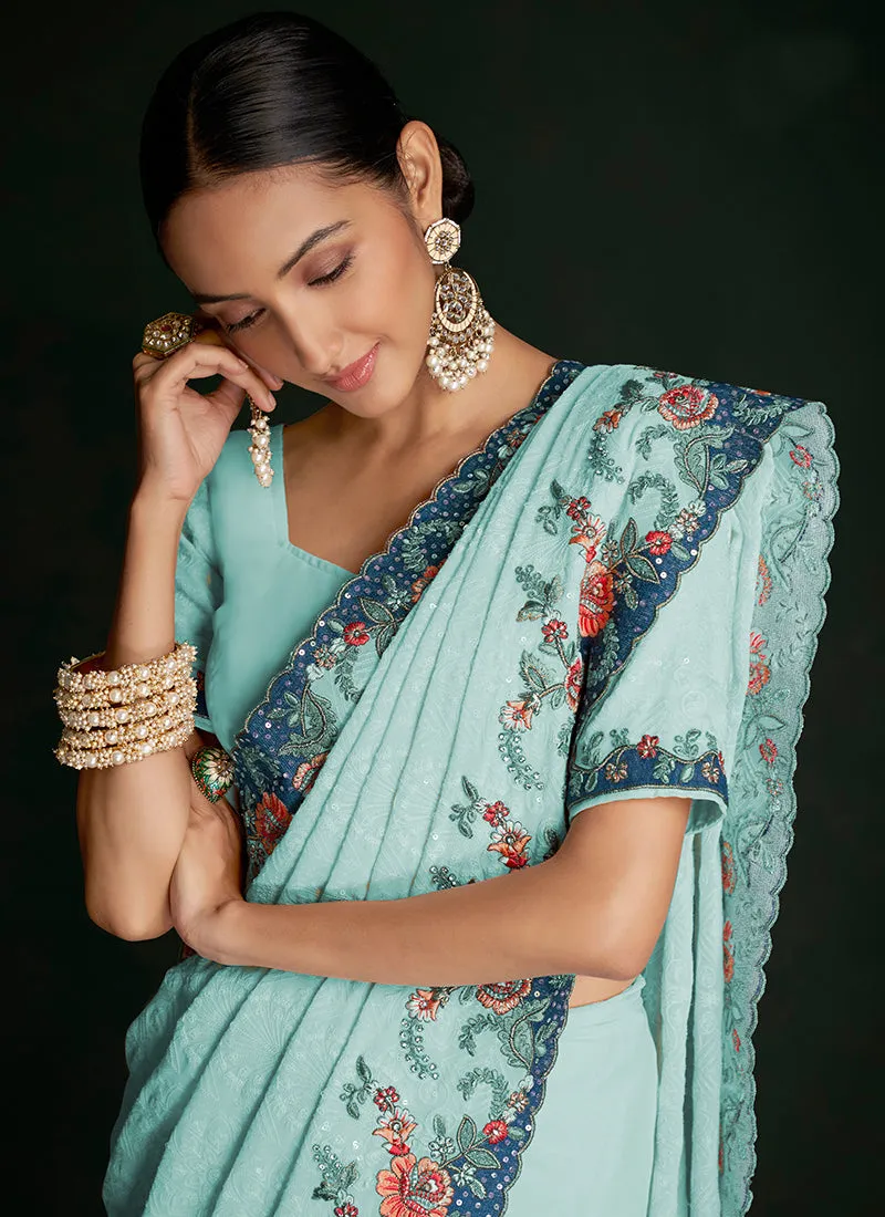 Turquoise Multi Embroidery Lucknowi Saree