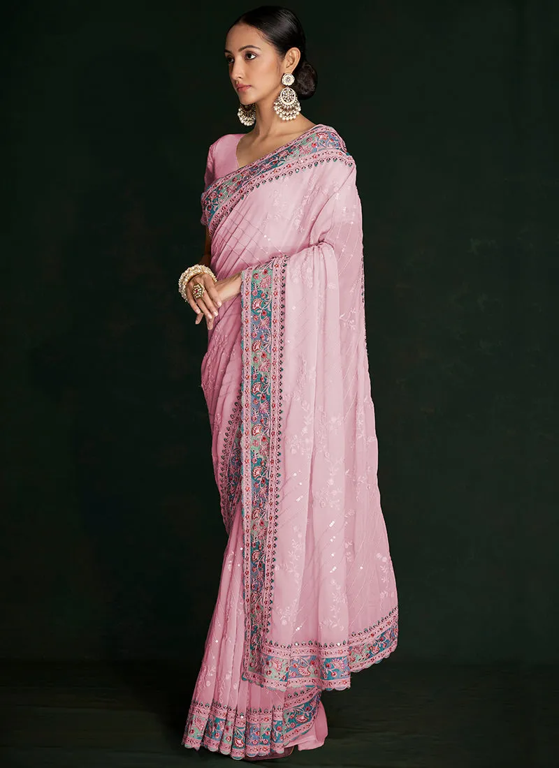 Turquoise Multi Embroidery Lucknowi Saree