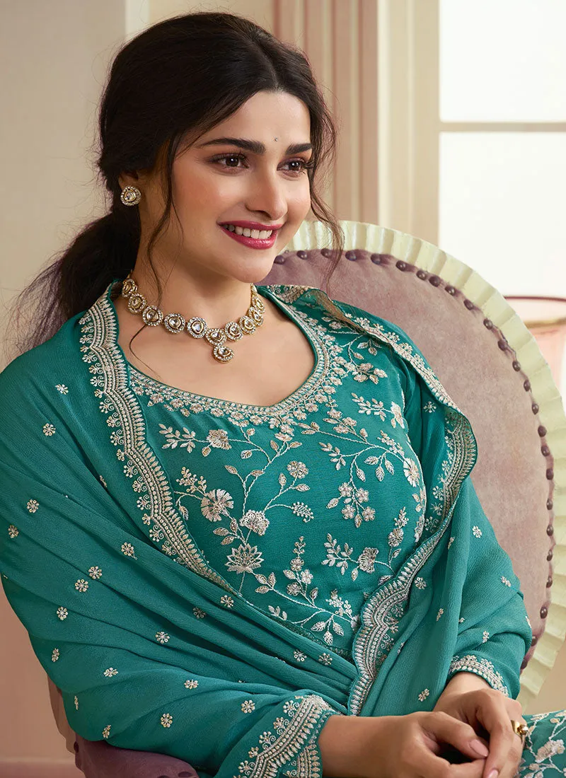 Turquoise Sequence And Thread Embroidery Palazzo Suit