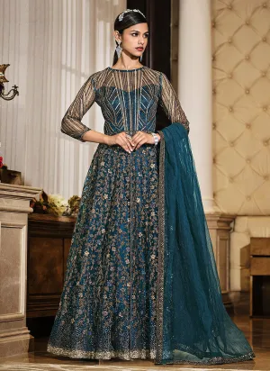 Turquoise Sequence Embroidered Designer Anarkali Lehenga/Pant Suit