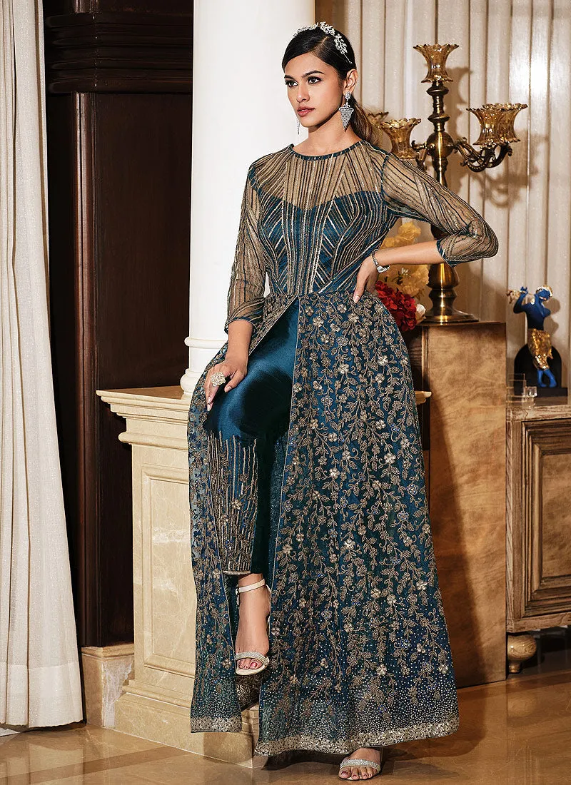 Turquoise Sequence Embroidered Designer Anarkali Lehenga/Pant Suit