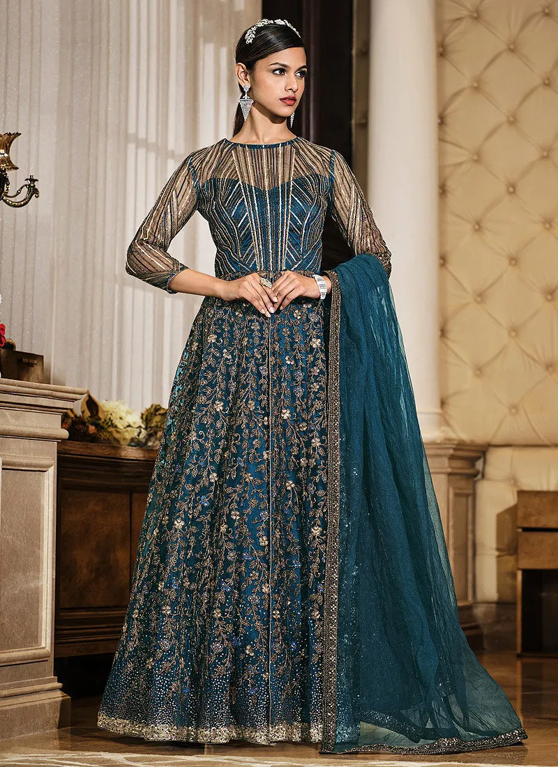 Turquoise Sequence Embroidered Designer Anarkali Lehenga/Pant Suit