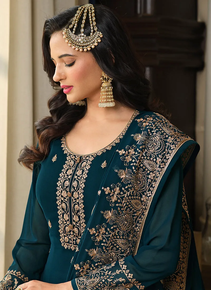 Turquoise Sequence Embroidery Festive Gharara Style Suit