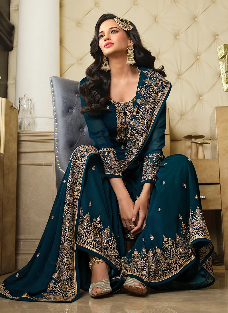 Turquoise Sequence Embroidery Festive Gharara Style Suit