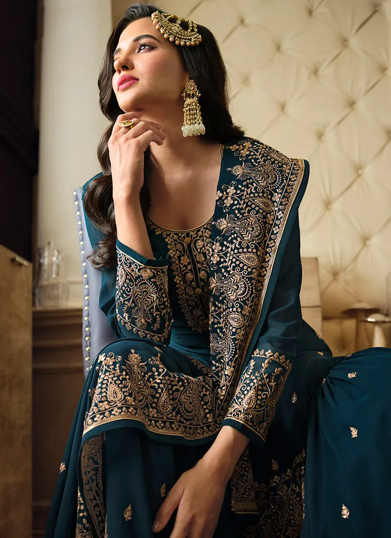 Turquoise Sequence Embroidery Festive Gharara Style Suit