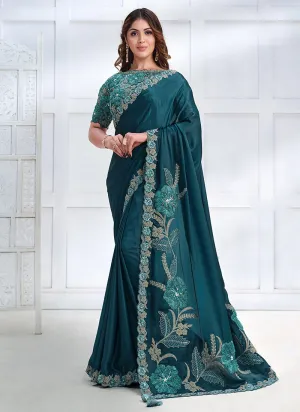 Turquoise Sequence Embroidery Wedding Silk Saree