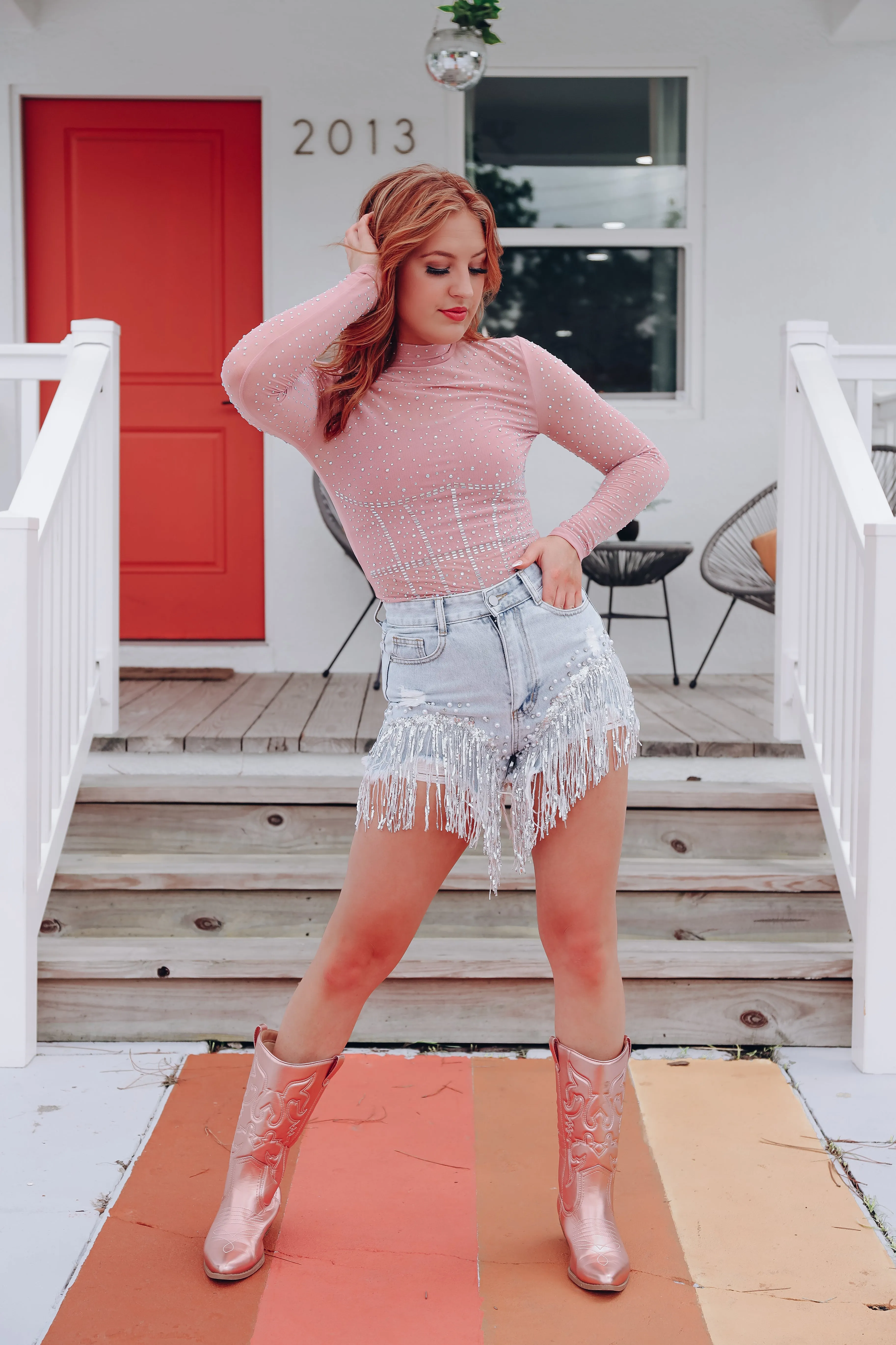 Twilight Rhinestone Mesh Bodysuit - Dusty Pink