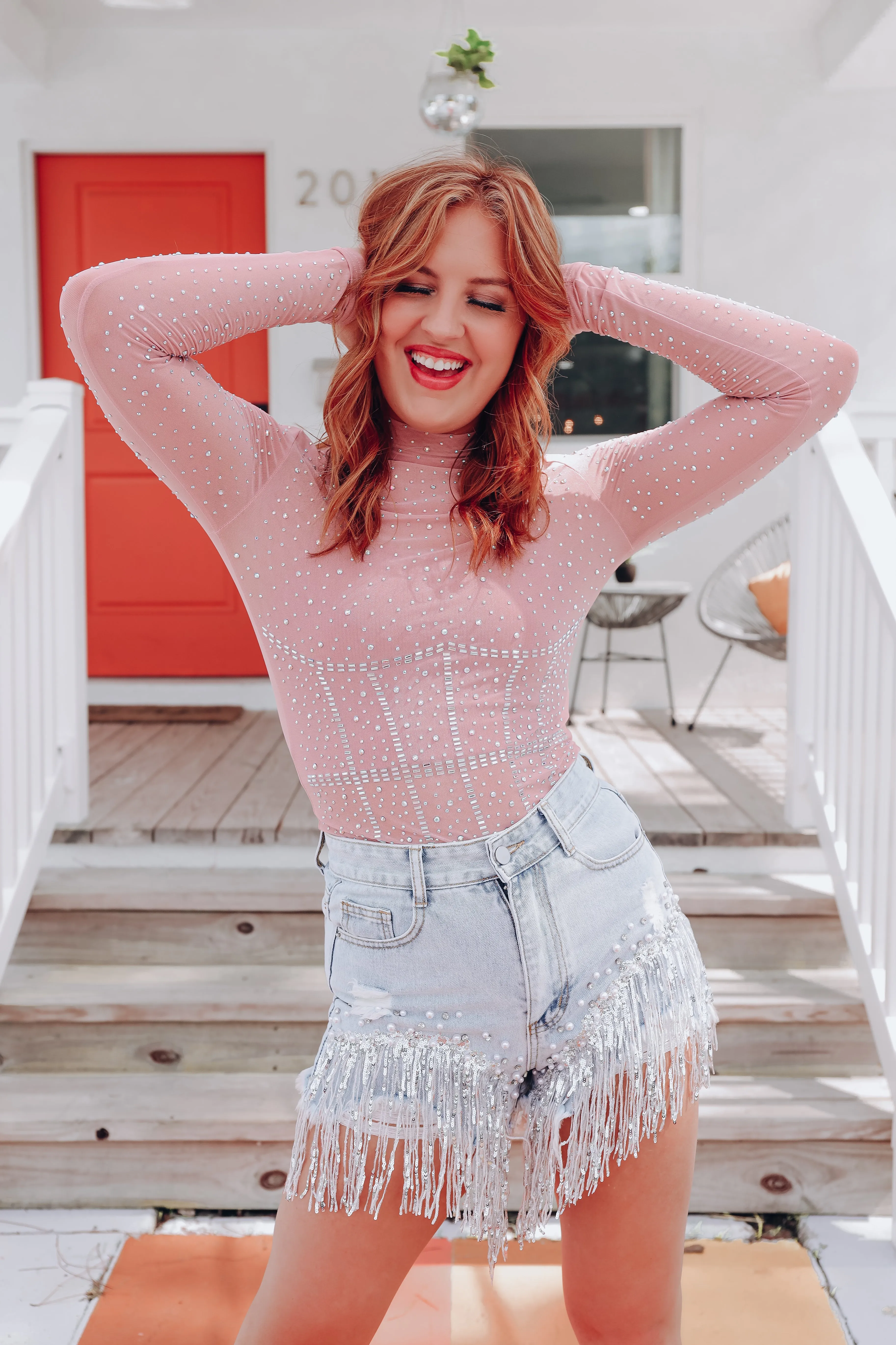 Twilight Rhinestone Mesh Bodysuit - Dusty Pink