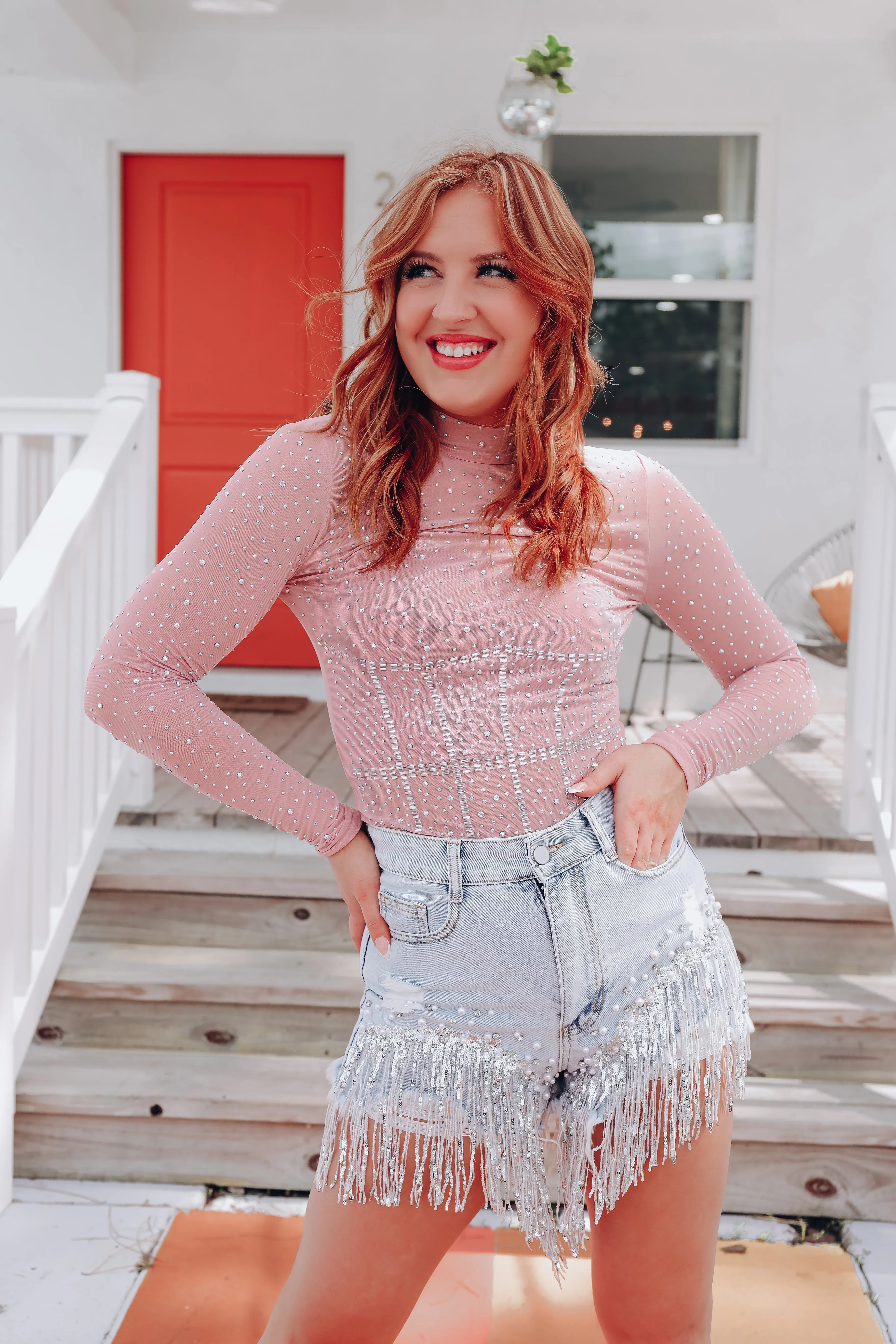 Twilight Rhinestone Mesh Bodysuit - Dusty Pink