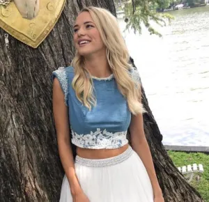 Two-piece Denim Bodice Prom Dress Beaded Shoulders Tulle skirt