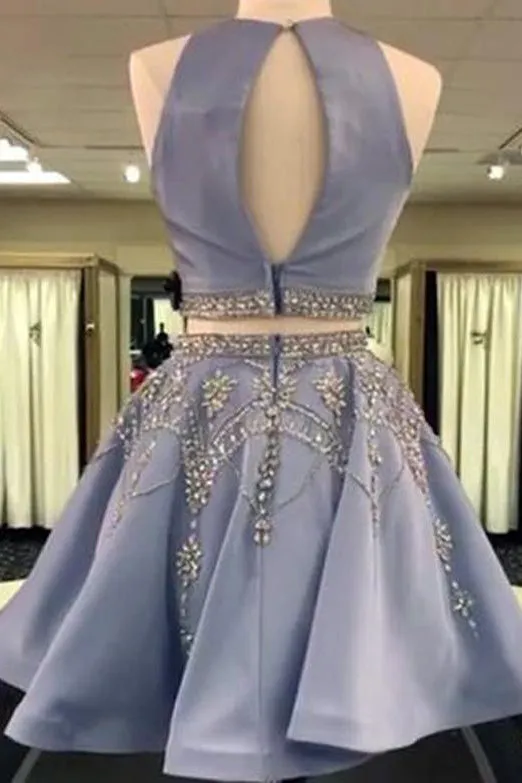 Two Pieces Halter Satin With Rhinestone Short Homecoming Dress OHM061