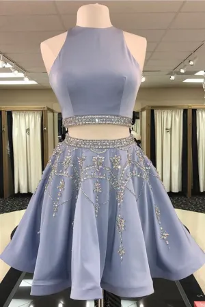 Two Pieces Halter Satin With Rhinestone Short Homecoming Dress OHM061