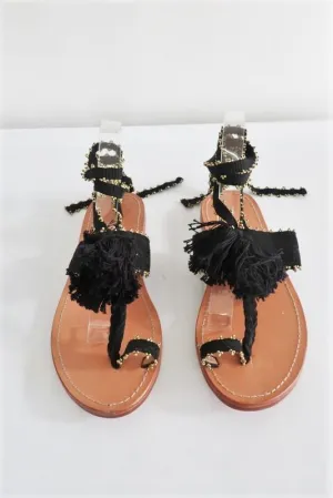 Ulla Johnson Sandals Zandra Black Beaded Suede Size 39 Ankle Wrap Flat NEW