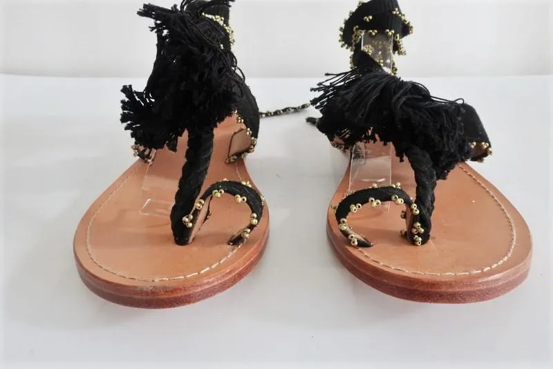 Ulla Johnson Sandals Zandra Black Beaded Suede Size 39 Ankle Wrap Flat NEW