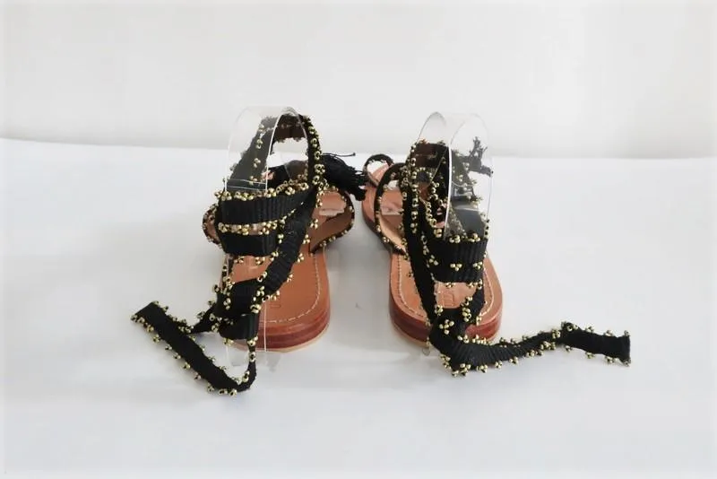Ulla Johnson Sandals Zandra Black Beaded Suede Size 39 Ankle Wrap Flat NEW