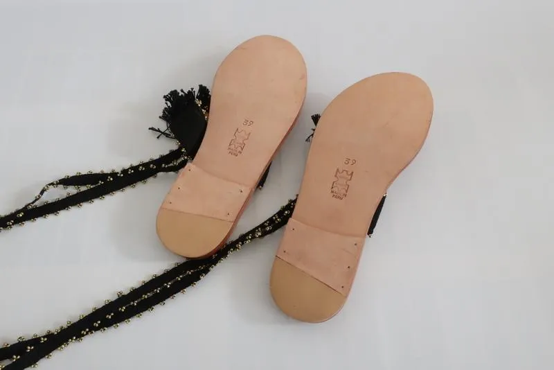 Ulla Johnson Sandals Zandra Black Beaded Suede Size 39 Ankle Wrap Flat NEW