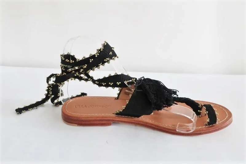 Ulla Johnson Sandals Zandra Black Beaded Suede Size 39 Ankle Wrap Flat NEW