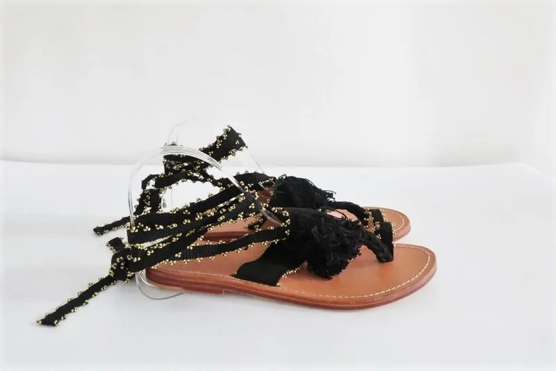 Ulla Johnson Sandals Zandra Black Beaded Suede Size 39 Ankle Wrap Flat NEW