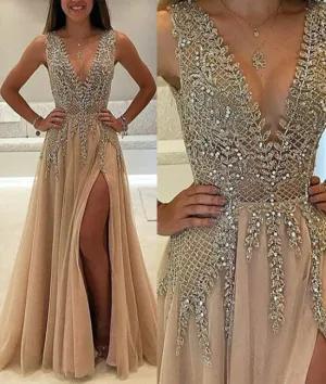 Unique v neck beaded long prom dress, champagne evening dress