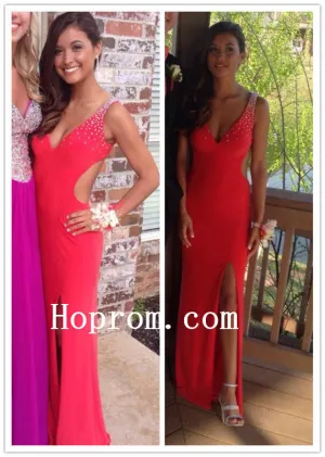 V-Neck Beaded Prom Dresses,Sleeveless Prom Dress,Evening Dress