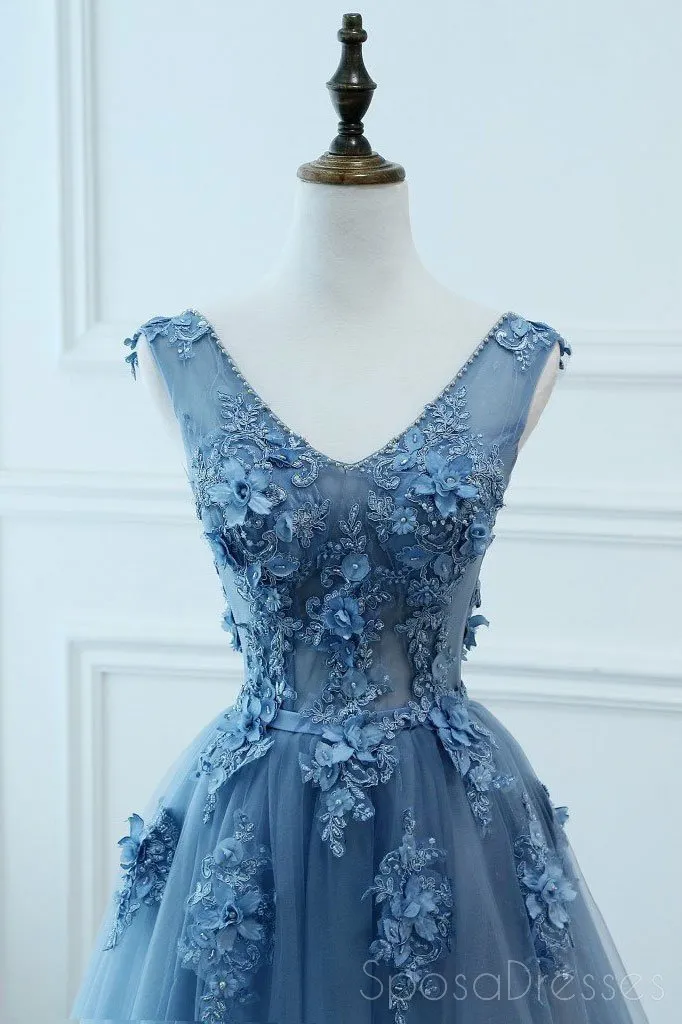V Neck Dusty Blue Lace Beaded Long Evening Prom Dresses, Cheap Custom Party Prom Dresses, 18585