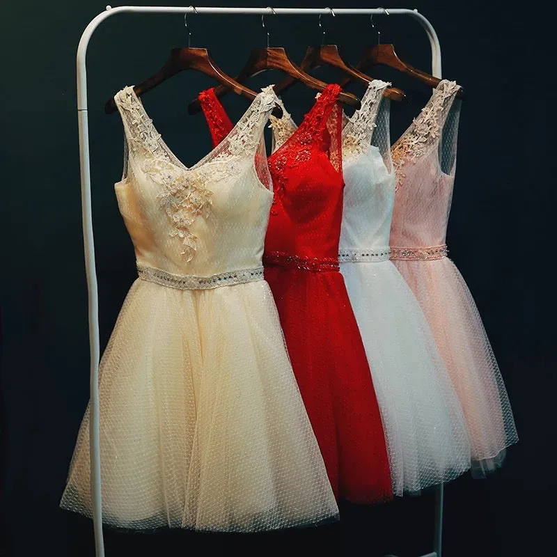 V-neckline Beaded Tulle Short Party Dress, Knee Length Homecoming Dress Prom Dress