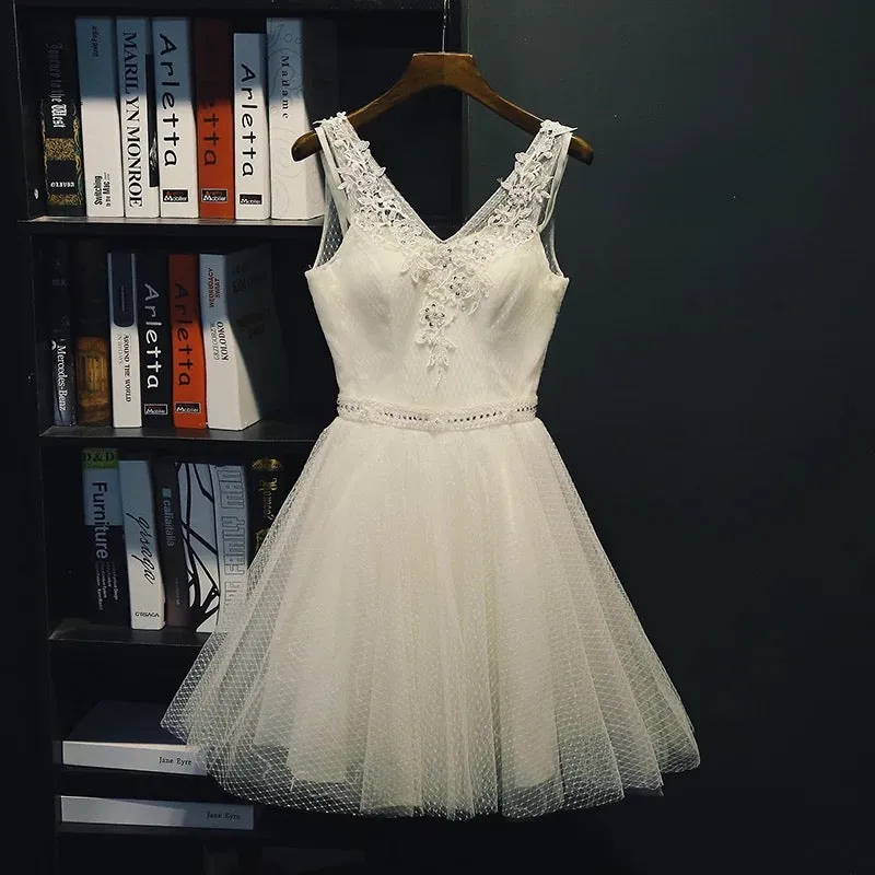 V-neckline Beaded Tulle Short Party Dress, Knee Length Homecoming Dress Prom Dress