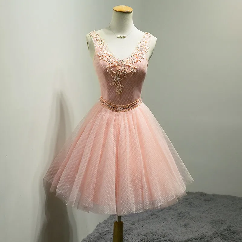 V-neckline Beaded Tulle Short Party Dress, Knee Length Homecoming Dress Prom Dress