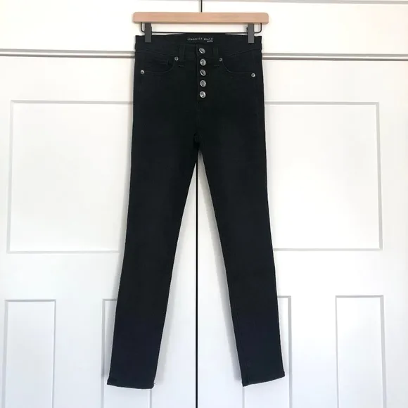 Veronica Beard Debbie 10&quot; Skinny Jeans Coal Rhinestone Buttons Black Size 25