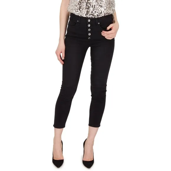 Veronica Beard Debbie 10&quot; Skinny Jeans Coal Rhinestone Buttons Black Size 25