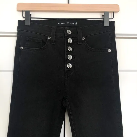 Veronica Beard Debbie 10&quot; Skinny Jeans Coal Rhinestone Buttons Black Size 25