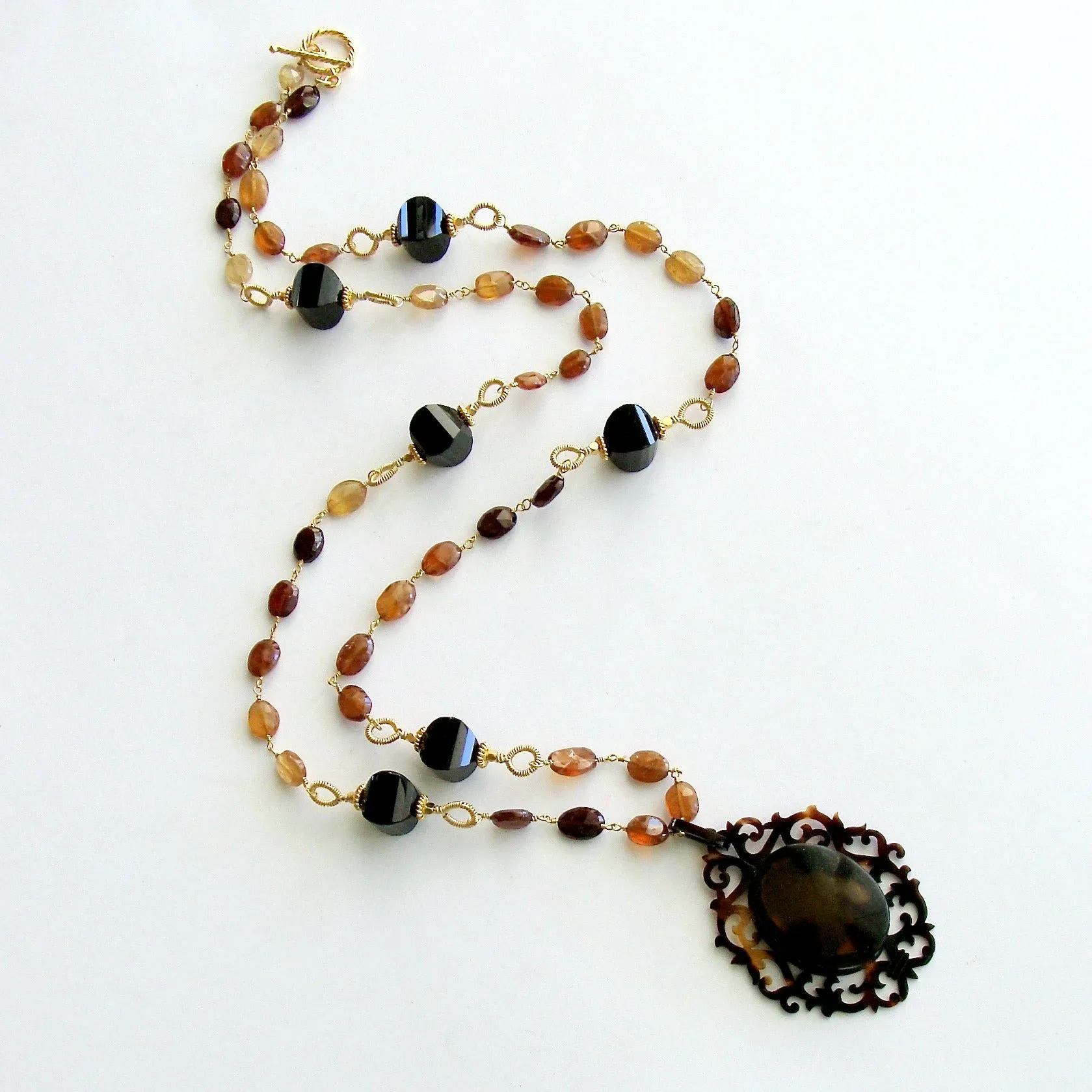 Victorian Celluloid Faux-Tortoise Cartouche Locket Hessonite Onyx Necklace - Clarice II Necklace