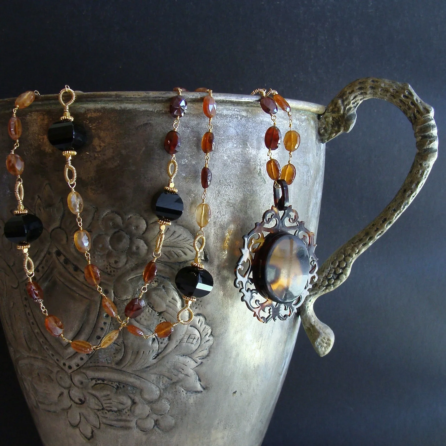 Victorian Celluloid Faux-Tortoise Cartouche Locket Hessonite Onyx Necklace - Clarice II Necklace