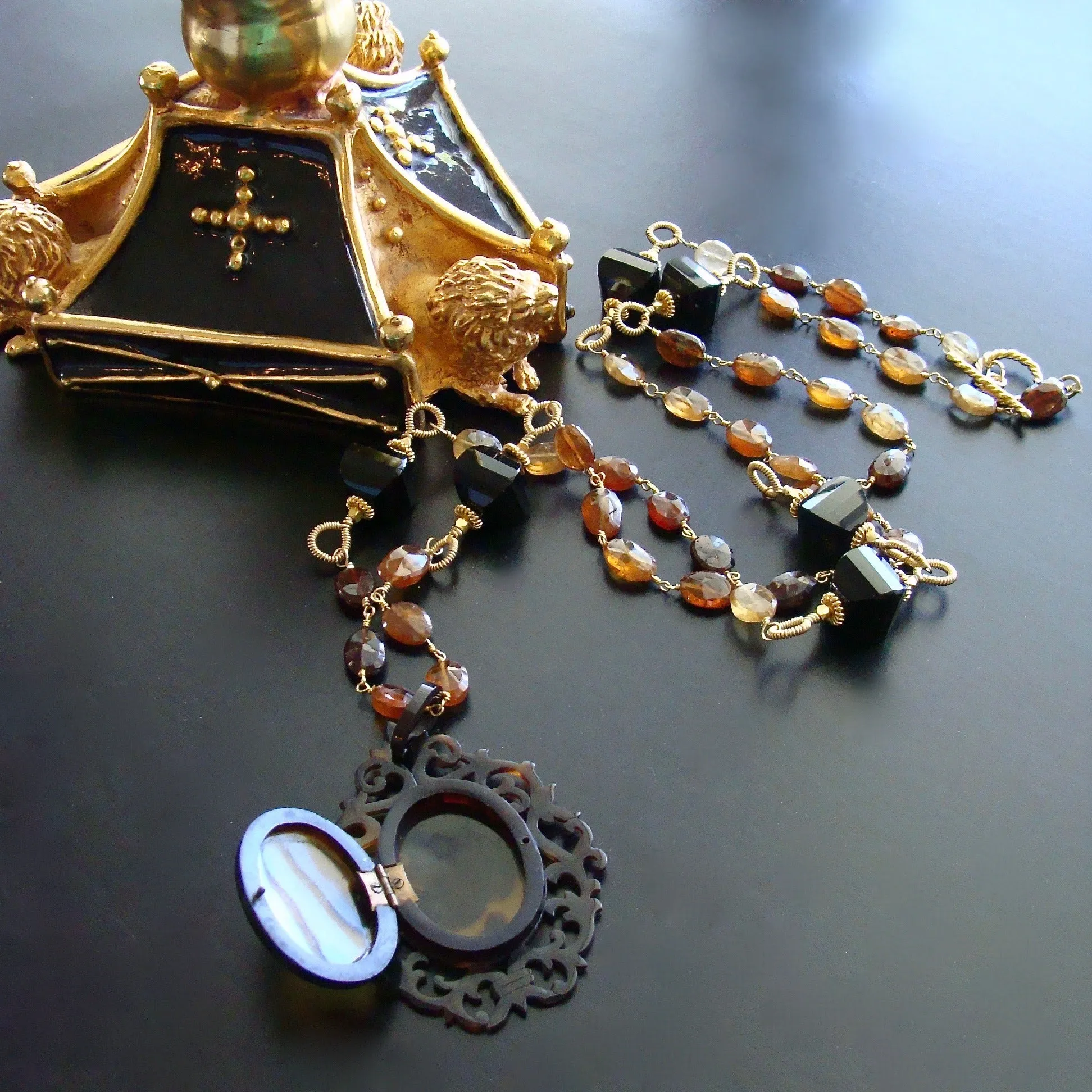 Victorian Celluloid Faux-Tortoise Cartouche Locket Hessonite Onyx Necklace - Clarice II Necklace